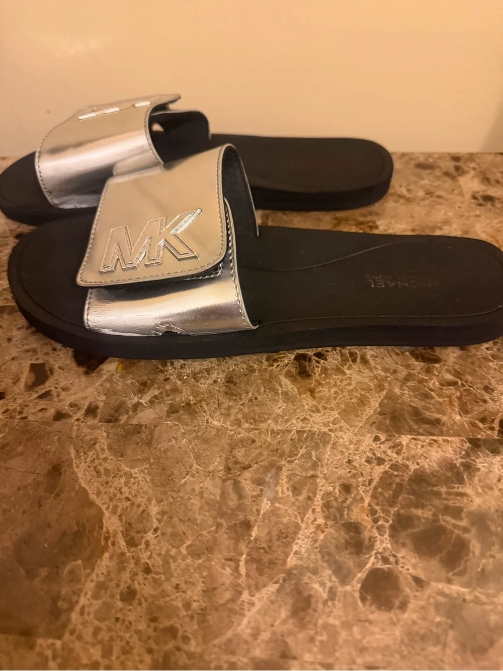 Michael Kors Women’s Metallic Silver Slides Velcro closure! - Picture 4 of 6